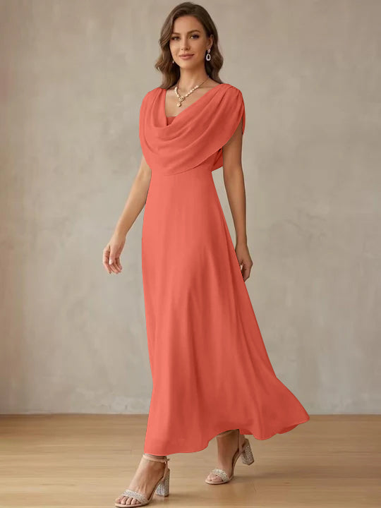 A-Line/Princess Cowl Neck Chiffon Cocktail Dresses Little White Dresses Ankle-Length Sleeveless Graduation Dress