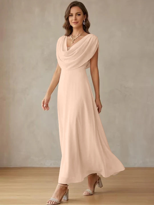 A-Line/Princess Cowl Neck Chiffon Cocktail Dresses Little White Dresses Ankle-Length Sleeveless Graduation Dress