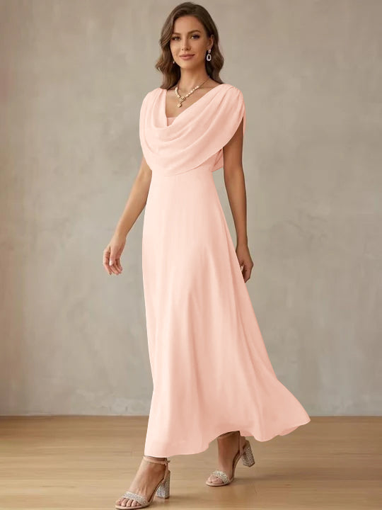 A-Line/Princess Cowl Neck Chiffon Cocktail Dresses Little White Dresses Ankle-Length Sleeveless Graduation Dress