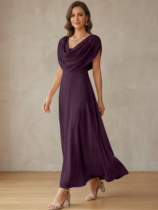 A-Line/Princess Cowl Neck Chiffon Cocktail Dresses Little White Dresses Ankle-Length Sleeveless Graduation Dress