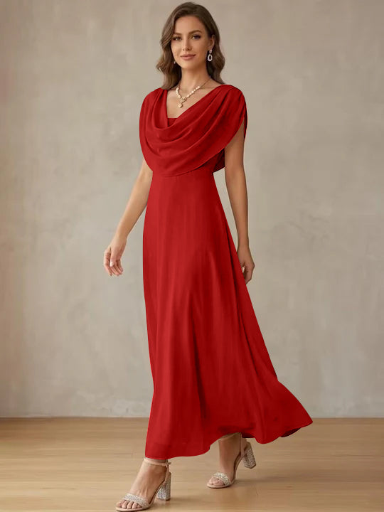 A-Line/Princess Cowl Neck Chiffon Cocktail Dresses Little White Dresses Ankle-Length Sleeveless Graduation Dress