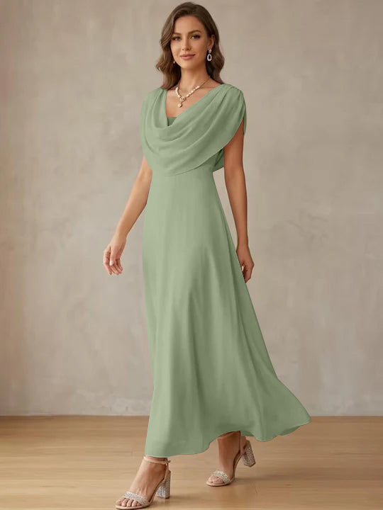 A-Line/Princess Cowl Neck Chiffon Cocktail Dresses Little White Dresses Ankle-Length Sleeveless Graduation Dress