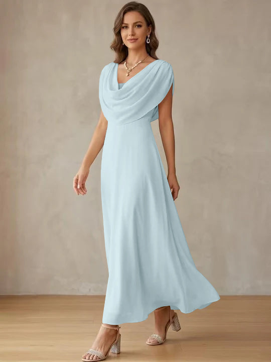 A-Line/Princess Cowl Neck Chiffon Cocktail Dresses Little White Dresses Ankle-Length Sleeveless Graduation Dress