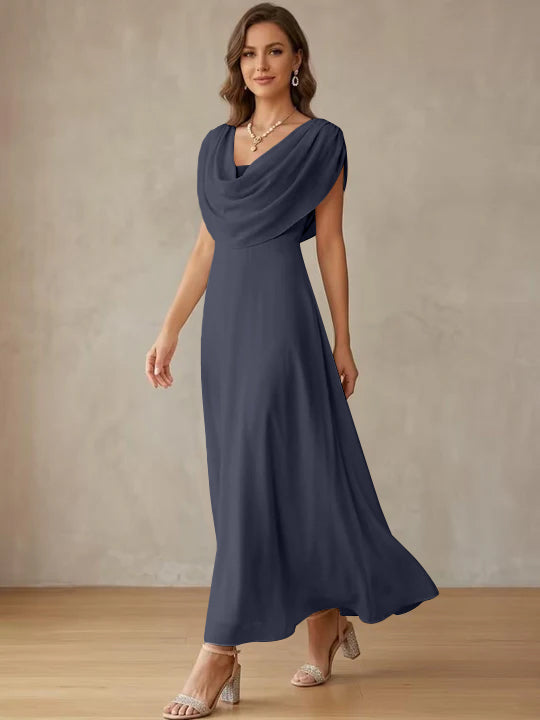 A-Line/Princess Cowl Neck Chiffon Cocktail Dresses Little White Dresses Ankle-Length Sleeveless Graduation Dress