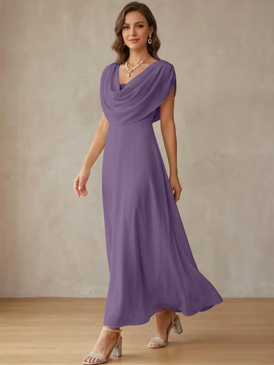 A-Line/Princess Cowl Neck Chiffon Cocktail Dresses Little White Dresses Ankle-Length Sleeveless Graduation Dress