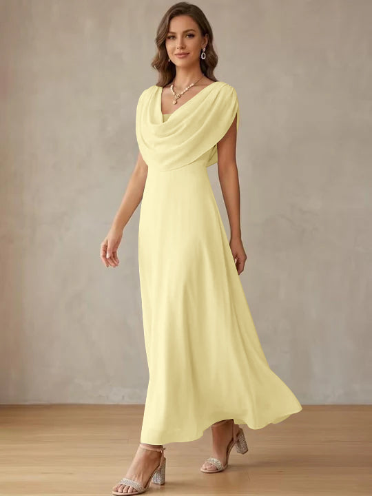A-Line/Princess Cowl Neck Chiffon Cocktail Dresses Little White Dresses Ankle-Length Sleeveless Graduation Dress