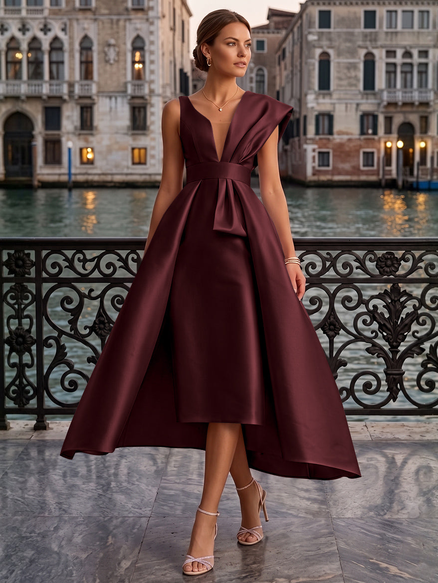 Sheath/Column V-Neck Satin Cocktail Dresses with Overskirt Sleeveless Tea-Length Ruched Formal Dresses