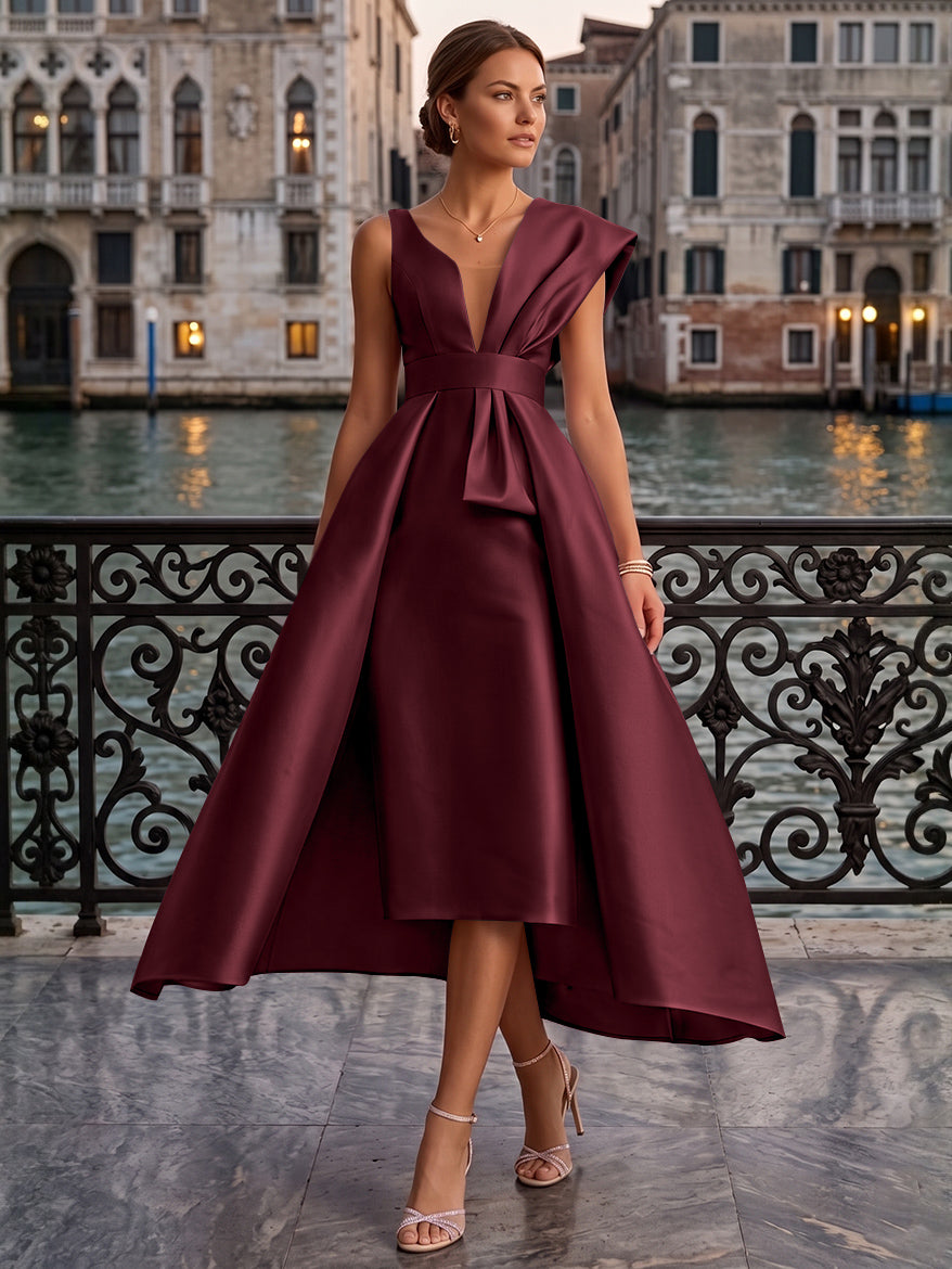 Sheath/Column V-Neck Satin Cocktail Dresses with Overskirt Sleeveless Tea-Length Ruched Formal Dresses