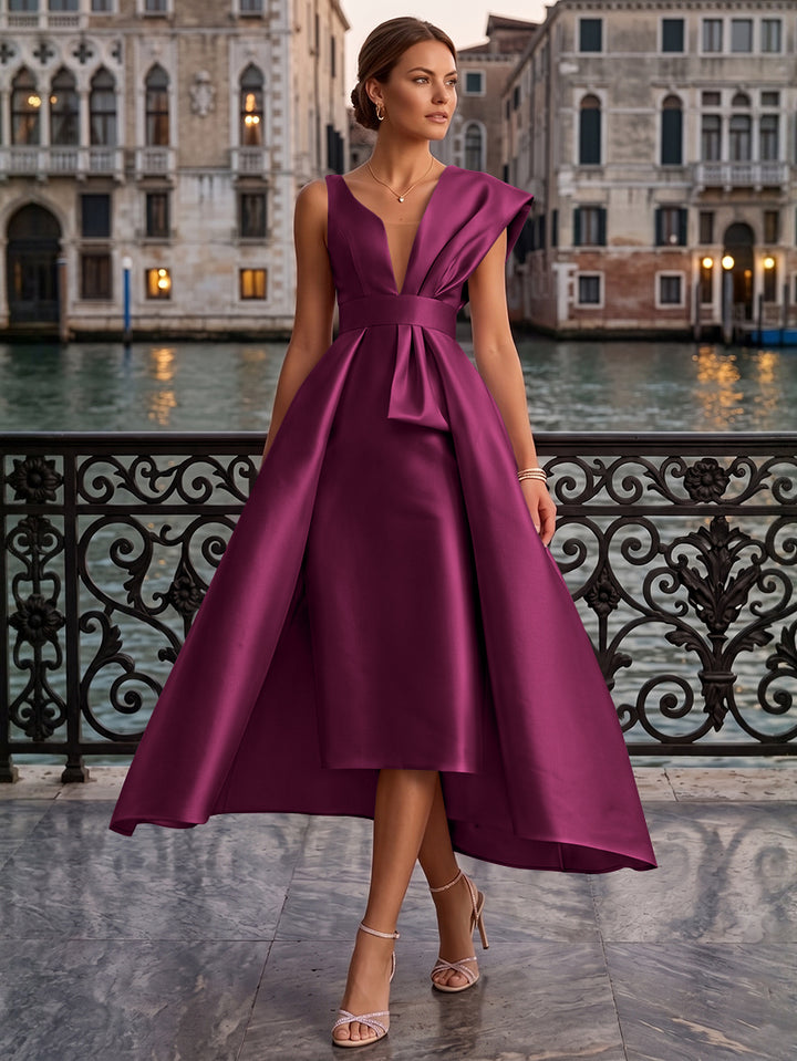 Sheath/Column V-Neck Satin Cocktail Dresses with Overskirt Sleeveless Tea-Length Ruched Formal Dresses