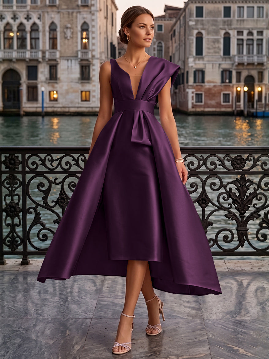 Sheath/Column V-Neck Satin Cocktail Dresses with Overskirt Sleeveless Tea-Length Ruched Formal Dresses