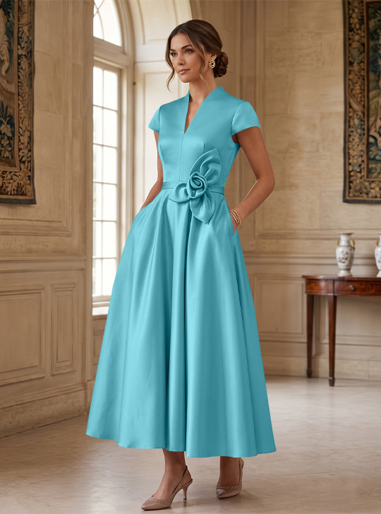 A-Line/Princess V-Neck Satin Cocktail Dresses with 3D Flower Cap Sleeves Tea-Length Formal Dresses
