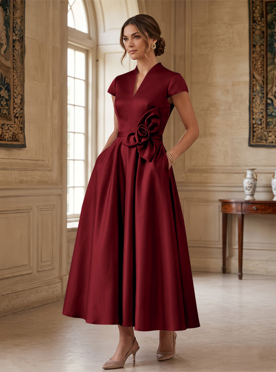 A-Line/Princess V-Neck Satin Cocktail Dresses with 3D Flower Cap Sleeves Tea-Length Formal Dresses
