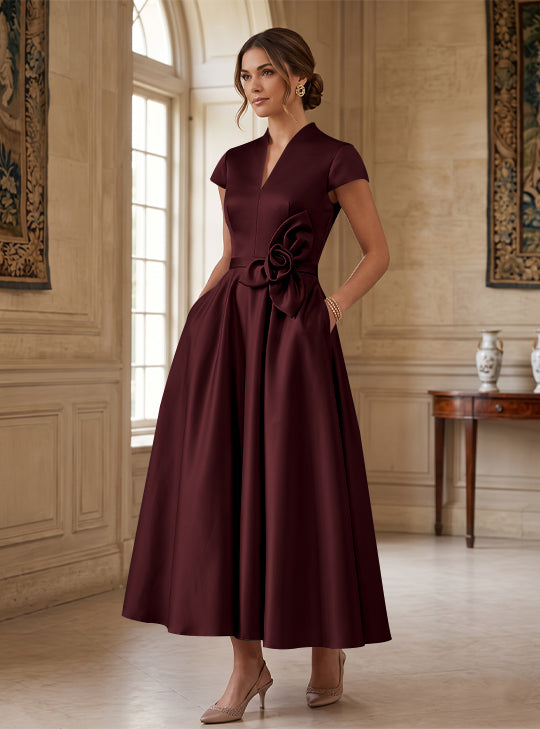 A-Line/Princess V-Neck Satin Cocktail Dresses with 3D Flower Cap Sleeves Tea-Length Formal Dresses