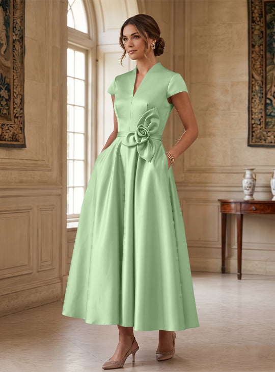 A-Line/Princess V-Neck Satin Cocktail Dresses with 3D Flower Cap Sleeves Tea-Length Formal Dresses