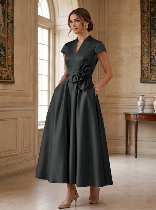 A-Line/Princess V-Neck Satin Cocktail Dresses with 3D Flower Cap Sleeves Tea-Length Formal Dresses