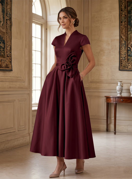 A-Line/Princess V-Neck Satin Cocktail Dresses with 3D Flower Cap Sleeves Tea-Length Formal Dresses