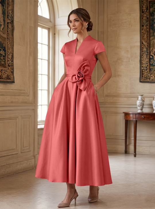 A-Line/Princess V-Neck Satin Cocktail Dresses with 3D Flower Cap Sleeves Tea-Length Formal Dresses