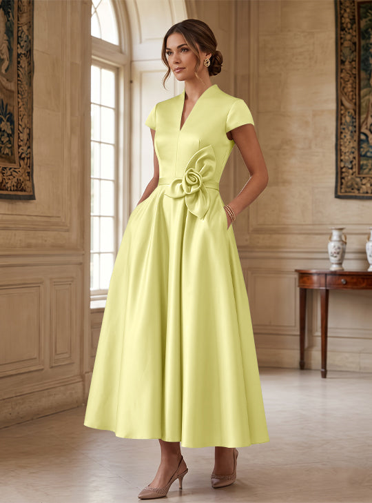 A-Line/Princess V-Neck Satin Cocktail Dresses with 3D Flower Cap Sleeves Tea-Length Formal Dresses