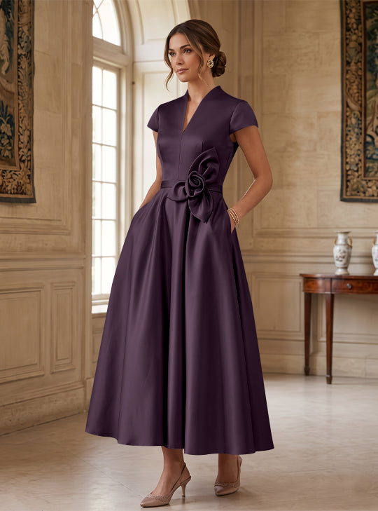 A-Line/Princess V-Neck Satin Cocktail Dresses with 3D Flower Cap Sleeves Tea-Length Formal Dresses