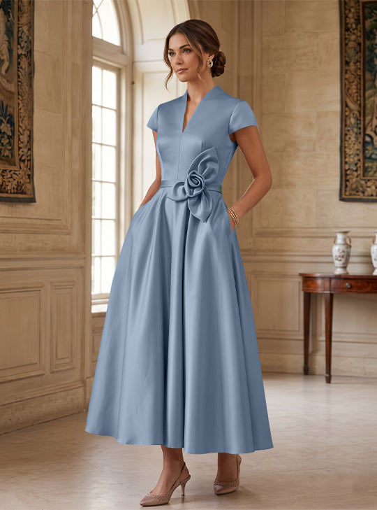 A-Line/Princess V-Neck Satin Cocktail Dresses with 3D Flower Cap Sleeves Tea-Length Formal Dresses
