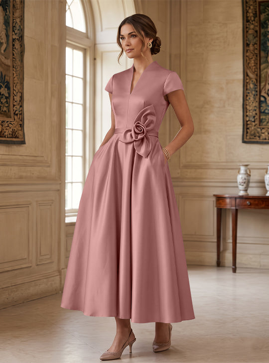 A-Line/Princess V-Neck Satin Cocktail Dresses with 3D Flower Cap Sleeves Tea-Length Formal Dresses