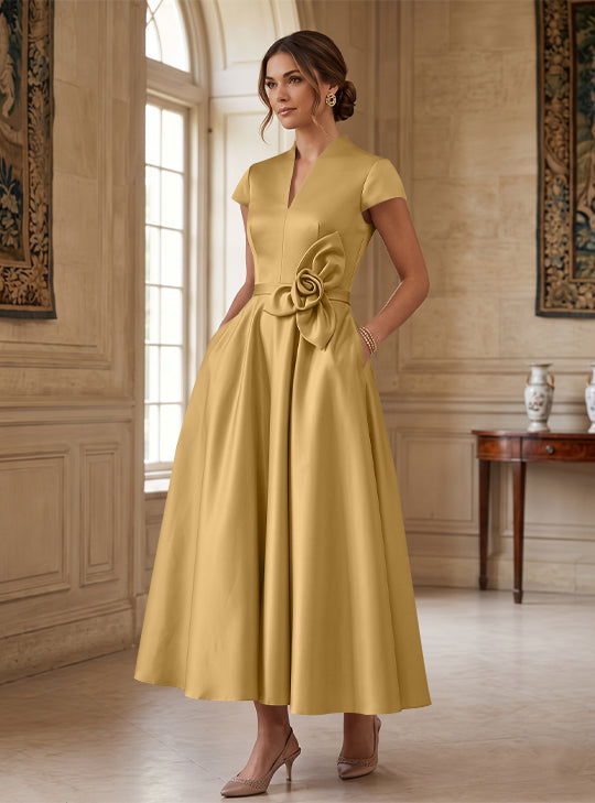 A-Line/Princess V-Neck Satin Cocktail Dresses with 3D Flower Cap Sleeves Tea-Length Formal Dresses