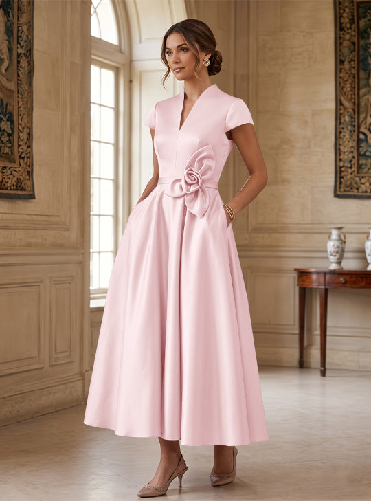A-Line/Princess V-Neck Satin Cocktail Dresses with 3D Flower Cap Sleeves Tea-Length Formal Dresses