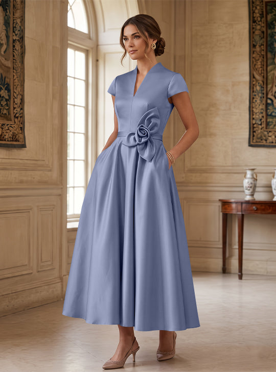 A-Line/Princess V-Neck Satin Cocktail Dresses with 3D Flower Cap Sleeves Tea-Length Formal Dresses