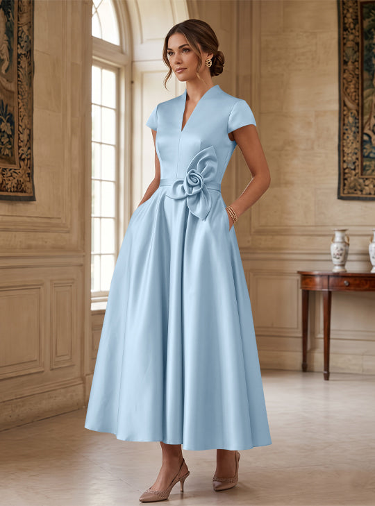 A-Line/Princess V-Neck Satin Cocktail Dresses with 3D Flower Cap Sleeves Tea-Length Formal Dresses