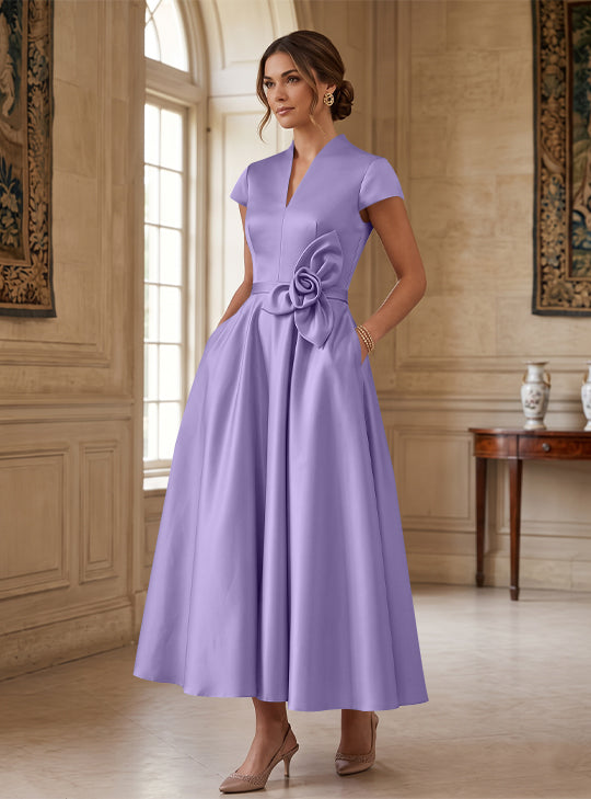 A-Line/Princess V-Neck Satin Cocktail Dresses with 3D Flower Cap Sleeves Tea-Length Formal Dresses
