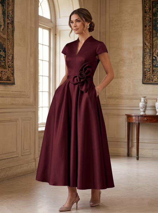 A-Line/Princess V-Neck Satin Cocktail Dresses with 3D Flower Cap Sleeves Tea-Length Formal Dresses