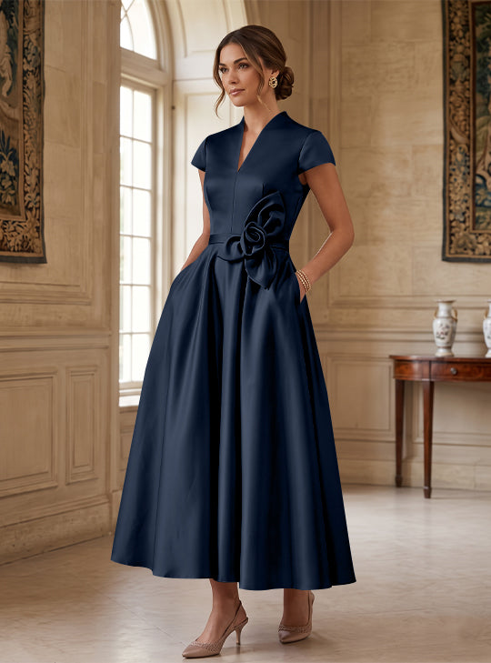 A-Line/Princess V-Neck Satin Cocktail Dresses with 3D Flower Cap Sleeves Tea-Length Formal Dresses