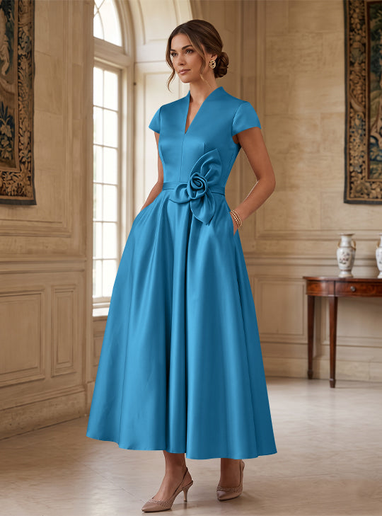 A-Line/Princess V-Neck Satin Cocktail Dresses with 3D Flower Cap Sleeves Tea-Length Formal Dresses