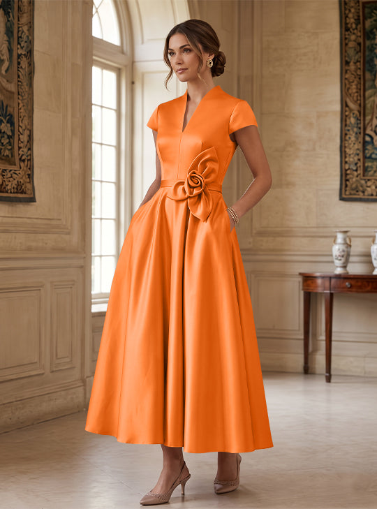 A-Line/Princess V-Neck Satin Cocktail Dresses with 3D Flower Cap Sleeves Tea-Length Formal Dresses