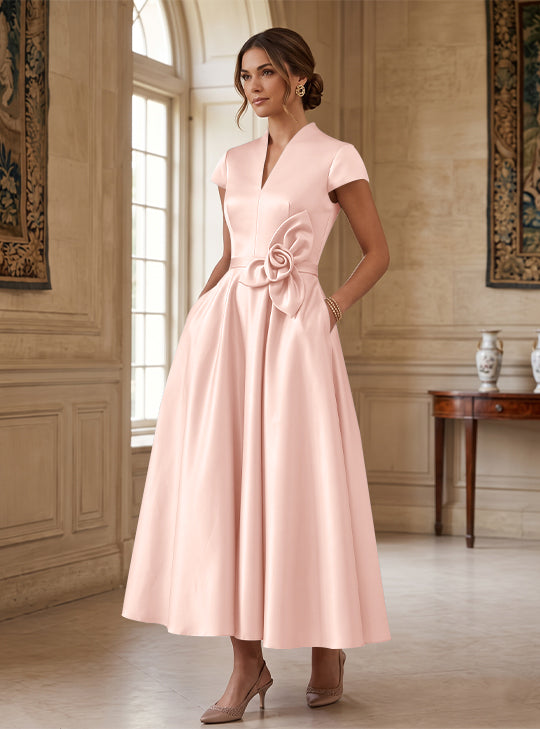 A-Line/Princess V-Neck Satin Cocktail Dresses with 3D Flower Cap Sleeves Tea-Length Formal Dresses