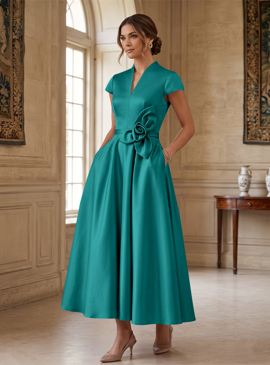 A-Line/Princess V-Neck Satin Cocktail Dresses with 3D Flower Cap Sleeves Tea-Length Formal Dresses