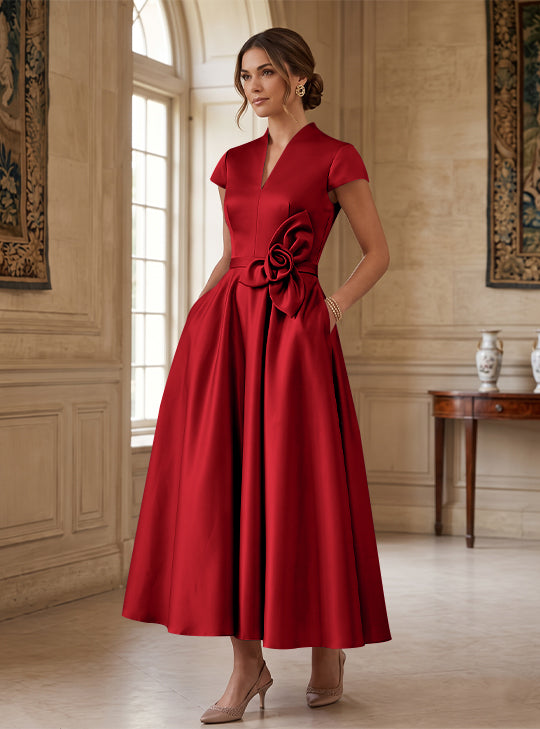 A-Line/Princess V-Neck Satin Cocktail Dresses with 3D Flower Cap Sleeves Tea-Length Formal Dresses