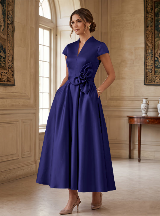 A-Line/Princess V-Neck Satin Cocktail Dresses with 3D Flower Cap Sleeves Tea-Length Formal Dresses