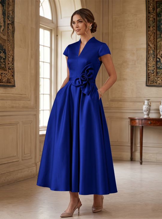 A-Line/Princess V-Neck Satin Cocktail Dresses with 3D Flower Cap Sleeves Tea-Length Formal Dresses