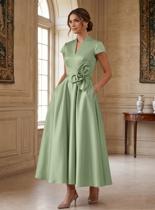 A-Line/Princess V-Neck Satin Cocktail Dresses with 3D Flower Cap Sleeves Tea-Length Formal Dresses
