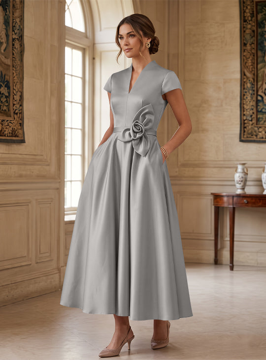 A-Line/Princess V-Neck Satin Cocktail Dresses with 3D Flower Cap Sleeves Tea-Length Formal Dresses