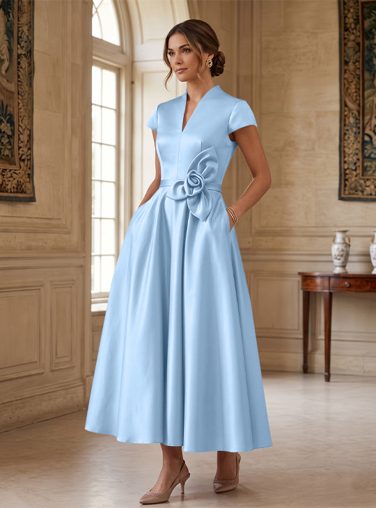 A-Line/Princess V-Neck Satin Cocktail Dresses with 3D Flower Cap Sleeves Tea-Length Formal Dresses