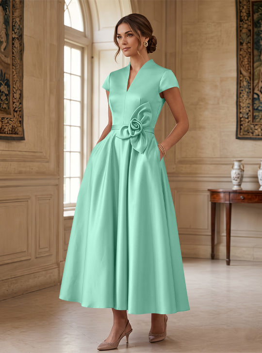 A-Line/Princess V-Neck Satin Cocktail Dresses with 3D Flower Cap Sleeves Tea-Length Formal Dresses