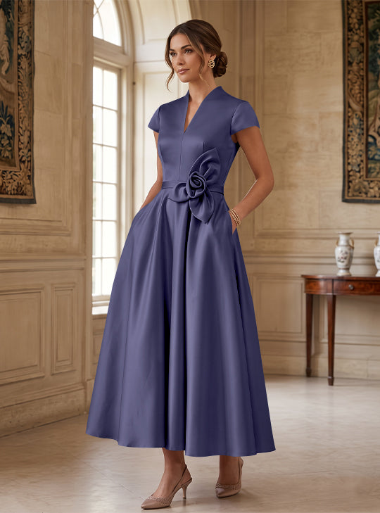 A-Line/Princess V-Neck Satin Cocktail Dresses with 3D Flower Cap Sleeves Tea-Length Formal Dresses