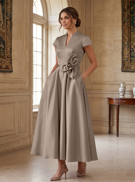 A-Line/Princess V-Neck Satin Cocktail Dresses with 3D Flower Cap Sleeves Tea-Length Formal Dresses