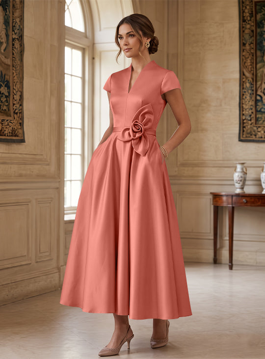 A-Line/Princess V-Neck Satin Cocktail Dresses with 3D Flower Cap Sleeves Tea-Length Formal Dresses