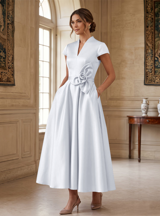 A-Line/Princess V-Neck Satin Cocktail Dresses with 3D Flower Cap Sleeves Tea-Length Formal Dresses