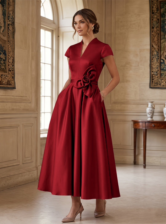 A-Line/Princess V-Neck Satin Cocktail Dresses with 3D Flower Cap Sleeves Tea-Length Formal Dresses