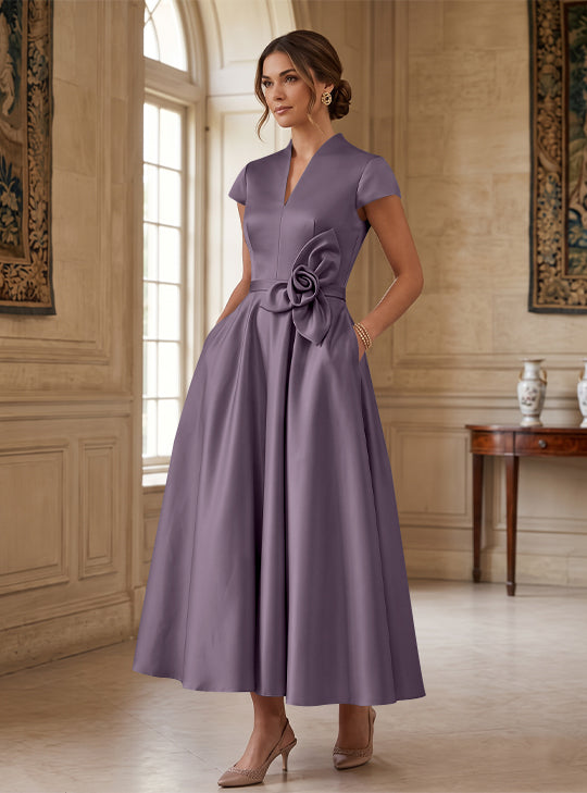 A-Line/Princess V-Neck Satin Cocktail Dresses with 3D Flower Cap Sleeves Tea-Length Formal Dresses