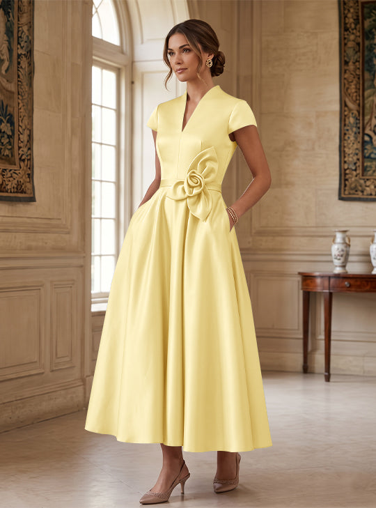 A-Line/Princess V-Neck Satin Cocktail Dresses with 3D Flower Cap Sleeves Tea-Length Formal Dresses